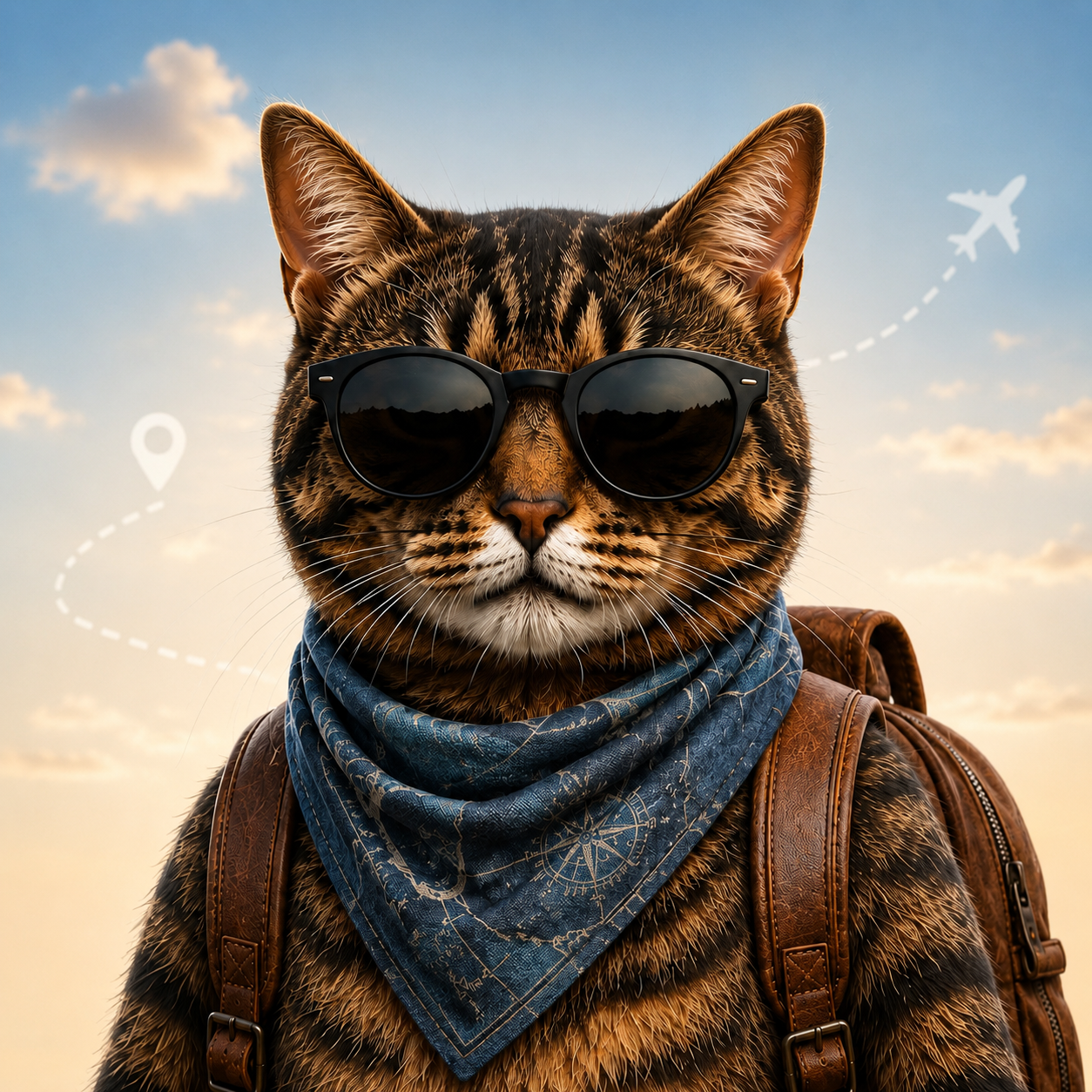Il gatto in viaggio, con occhiali da sole, bandana e zaino